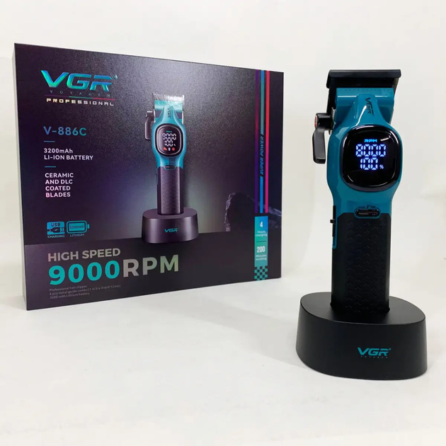Акумуляторна машинка для стрижки VGR V-886C з LED-дисплеєм, 9000 об/хв, 3200 мА·год, професійна бездротова машинка для волосся з насадками 1.5–12 мм, до 200 хв роботи, - изображение 3
