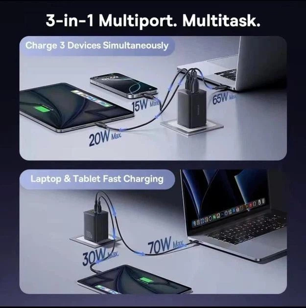 Сетевое зарядное устройство 100 Вт Baseus EnerFill FE11 GaN три порта 2 x USB-C + 1 x USB-A быстрая зарядка PD 3.0+QC 4.0 (P10182102123-00) Black - изображение 3