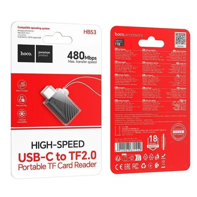 Адаптер Hoco HB53 Type-C mini TF card reader 2.0 Black - Фото 2 Адаптер Hoco HB53 Type-C mini TF card reader 2.0 Black - изображение 2