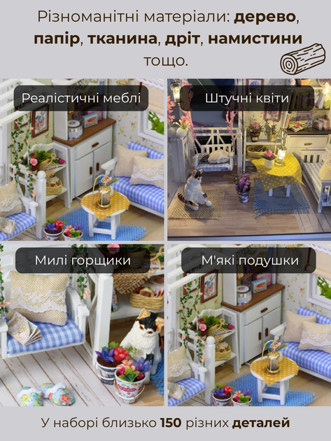 3D Конструктор Румбокс Веранда с кошкой с подсветкой Миниатюрный кукольный домик для сборки Roombox с куполом от пыли Интерьерный конструктор DIY HOUSE BookNook - изображение 7