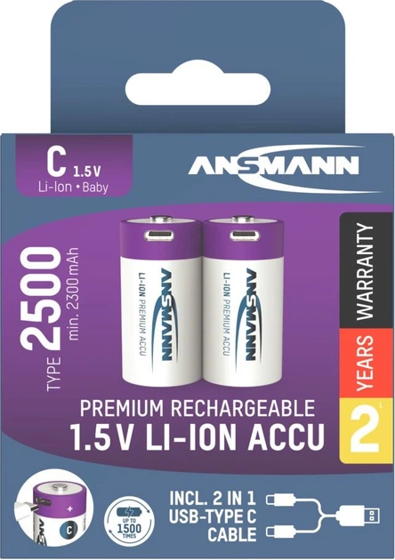 Akumulator Ansmann Li-Ion C 2500 mAh 1.5V USB-C 2 szt. (1313-0004) - obraz 2