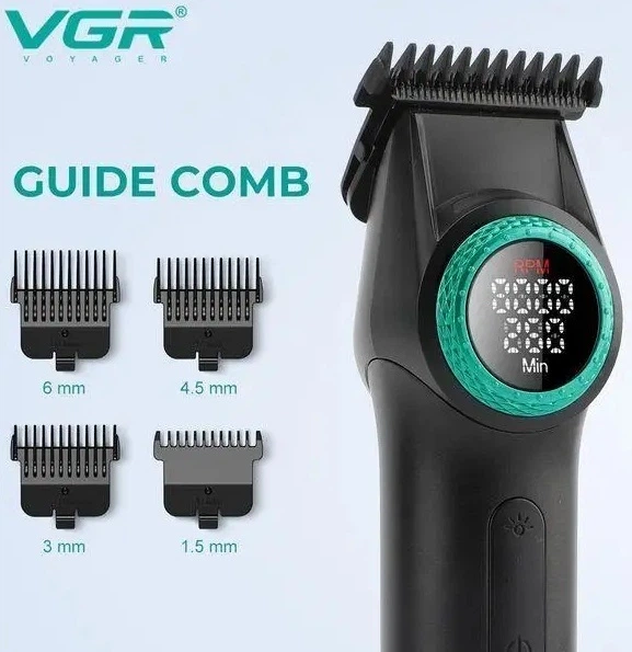 Тример VGR V-977 BLACK професійна машинка для стрижки, 8000 об/хв, LED дисплей, акумулятор 2500 мАг, до 260 хв роботи, 4 насадки - изображение 3