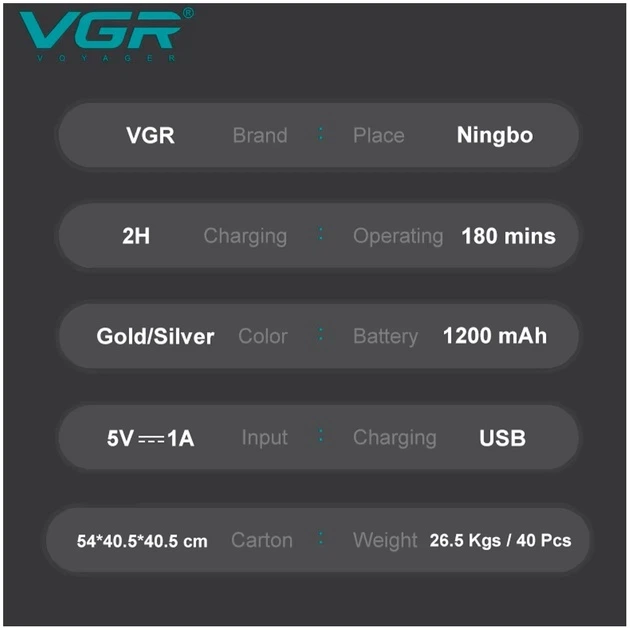 Електробритва шейвер VGR V-350 GOLD подвійне лезо акумуляторна бритва для чоловіків з LED дисплеєм 3 швидкості 6500-7500 об хв USB електробритва для сухого та вологого гоління дорожній шейвер для щетини - изображение 5