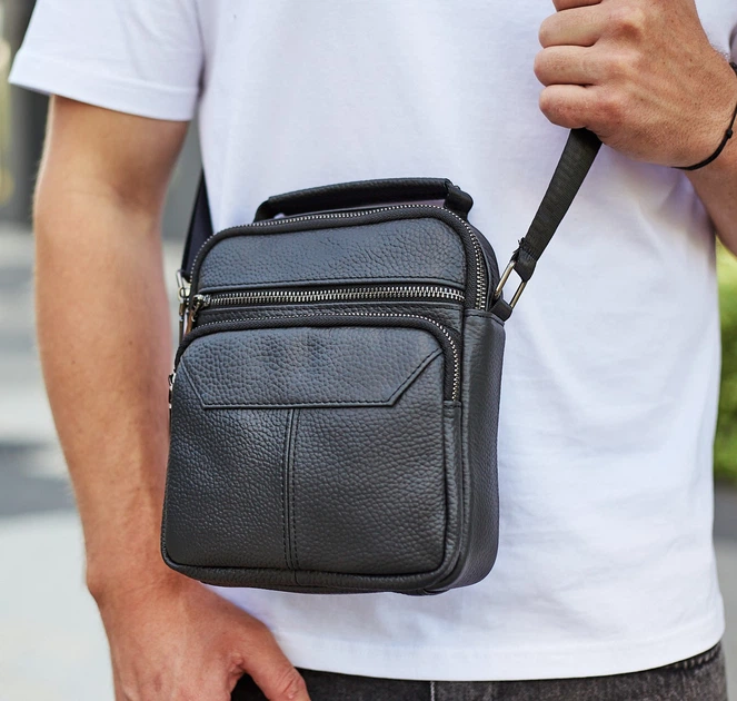 Чоловіча чорна сумка-барсетка Tiding Bag 18x22x8см, месенджер з натуральної шкіри, чорний (M2237A) - зображення 4