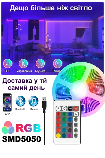 Умная светодиодная лента-гирлянда Smart RGB 5050 с приложением для Bluetooth + пульт. Комплект длиной 5 метров, водостойкий, работает от USB и Powerbank - изображение 5