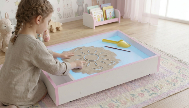 Світлова пісочниця планшет SandyBOX , сенсорний стіл для малювання піском, 75×43, з RGB підсвіткою, білий з рожевою окантовкою - зображення 3