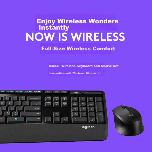 Беспроводная офисная клавиатура и мышь Logitech MK345 с широкой подставкой для запястья, удобная для набора текста, полноразмерная, включает беспроводной приемник 2,4 ГГц, черный цвет. - изображение 3