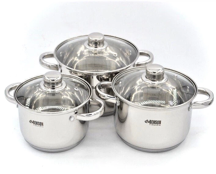 Набор кастрюль с крышками Benson BN-190 из нержавеющей стали 6 предметов - 2.1л, 2.9 л, 3.9 л, 6 предметов - Фото 3 Набор кастрюль с крышками Benson BN-190 из нержавеющей стали 6 предметов - 2.1л, 2.9 л, 3.9 л, 6 предметов - изображение 3