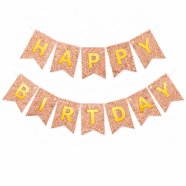 Прапорці Паперові HAPPY BIRTHDAY Рожеве Золото З Глітером - Фото 1 Прапорці Паперові HAPPY BIRTHDAY Рожеве Золото З Глітером - зображення 1