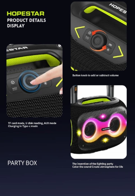Бездротова Bluetooth-колонка HOPESTAR PARTYBOX, 120 ВТ із двома мікрофонами - зображення 4