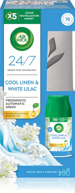 Автоматический освежитель воздуха Air Wick Freshmatic "Свежий лен и белая сирень" Cool Linen & White Lilac (250мл.) - Фото 1 Автоматический освежитель воздуха Air Wick Freshmatic "Свежий лен и белая сирень" Cool Linen & White Lilac (250мл.) - изображение 1