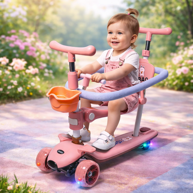 Детский самокат 5 в 1 BAQ Pink с родительской ручкой, защитным бортиком, LED подсветкой и музыкой — трансформер от 10 месяцев - изображение 3