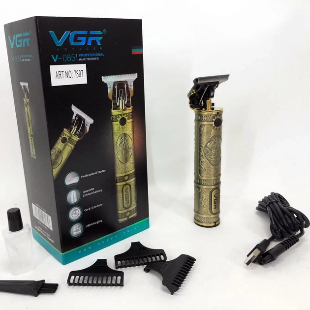 Тример для бороди та стрижки волосся VGR акумуляторний бездротовий з USB, машинка для вусів та окантовки 3 насадки - изображение 2