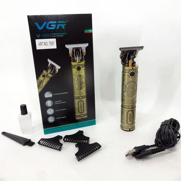 Тример для бороди та стрижки волосся VGR акумуляторний бездротовий з USB, машинка для вусів та окантовки 3 насадки - изображение 4