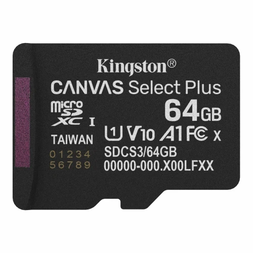 Карта пам'яті microSDXC, 64Gb, Kingston Canvas Select Plus, Class10 UHS-I U1 V10 A1, без адаптера, до 100 МБ/с (SDCS3/64GBSP) - Фото 1 Карта пам'яті microSDXC, 64Gb, Kingston Canvas Select Plus, Class10 UHS-I U1 V10 A1, без адаптера, до 100 МБ/с (SDCS3/64GBSP) - зображення 1
