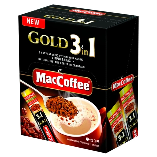 Кавовий напій 3в1 MacCoffee Gold 16 г х 20 шт - Фото 1 Кавовий напій 3в1 MacCoffee Gold 16 г х 20 шт - изображение 1