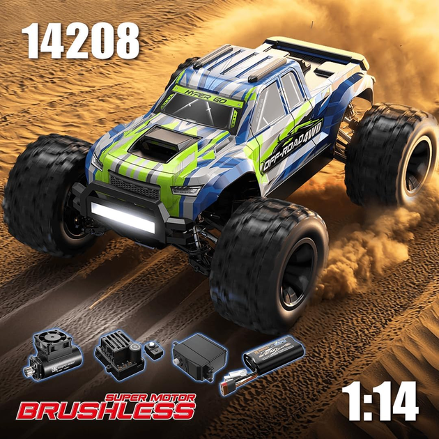 RC машинка MJX 14208 4WD 1:14 до 50 км/ч, 2 аккумулятора, бесколлекторный внедорожник, металлическая подвеска - изображение 8