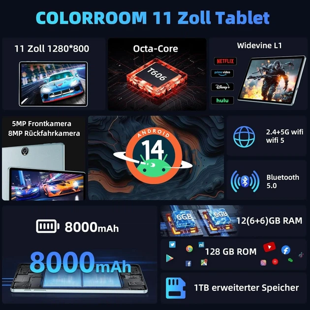 Планшет 11" COLORROOM C5 6+6/128Gb 8 ядер Android 14 8000 mAh Голубой (102181167) - Уценка - Фото 2 Планшет 11" COLORROOM C5 6+6/128Gb 8 ядер Android 14 8000 mAh Голубой (102181167) - Уценка - изображение 2