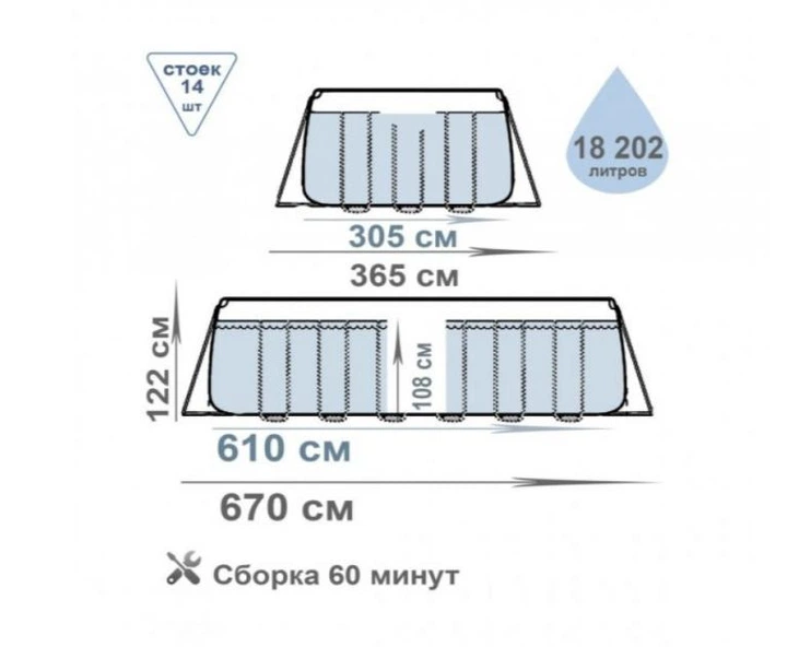Овальный каркасный бассейн Intex 26798 с лестницей и насосом-фильтром, 610x305x122см 18202л. - изображение 4