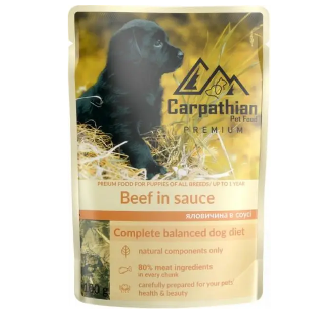 Влажный корм для щенков Carpathian Pet Food Dog «Говядина в соусе», 100 г, пауч. - Фото 1 Влажный корм для щенков Carpathian Pet Food Dog «Говядина в соусе», 100 г, пауч. - изображение 1