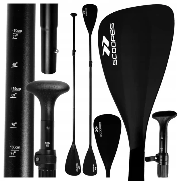 Складное весло 2в1 для SUP и каяка Scoopes BLADE 165–225 см, 4-секционное, регулируемое, черное - изображение 2