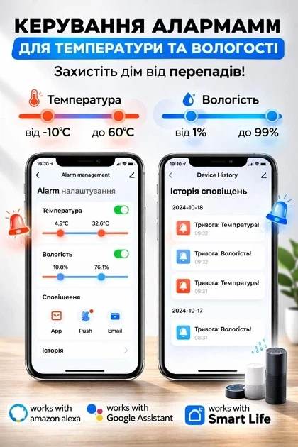 Умный Wi-Fi датчик влажности и температуры воздуха Tuya, smart life, Alexa, Google home на бетерейках ААА - Фото 3 Умный Wi-Fi датчик влажности и температуры воздуха Tuya, smart life, Alexa, Google home на бетерейках ААА - изображение 3
