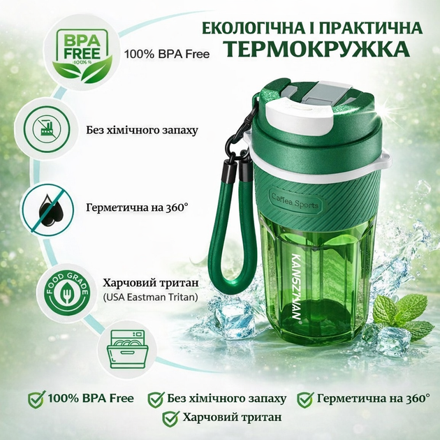 Кружка для кави та чаю з собою 550 мл KANGZYUAN, стакан для води з тритану з кришкою, зелена - зображення 3