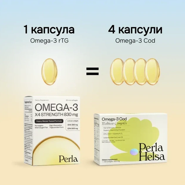 Perla Helsa Omega-3 rTG – пищевая добавка, очищенная омега-3 в виде триглицеридов для максимального усвоения, 60 капсул - Фото 3 Perla Helsa Omega-3 rTG – пищевая добавка, очищенная омега-3 в виде триглицеридов для максимального усвоения, 60 капсул - изображение 3