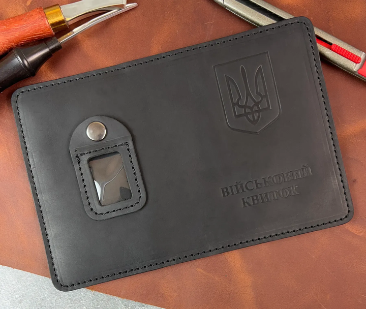 Кожаная обложка для военного билета с местом под жетон, черный (FM_22FCA445F915) - Фото 2 Кожаная обложка для военного билета с местом под жетон, черный (FM_22FCA445F915) - изображение 2