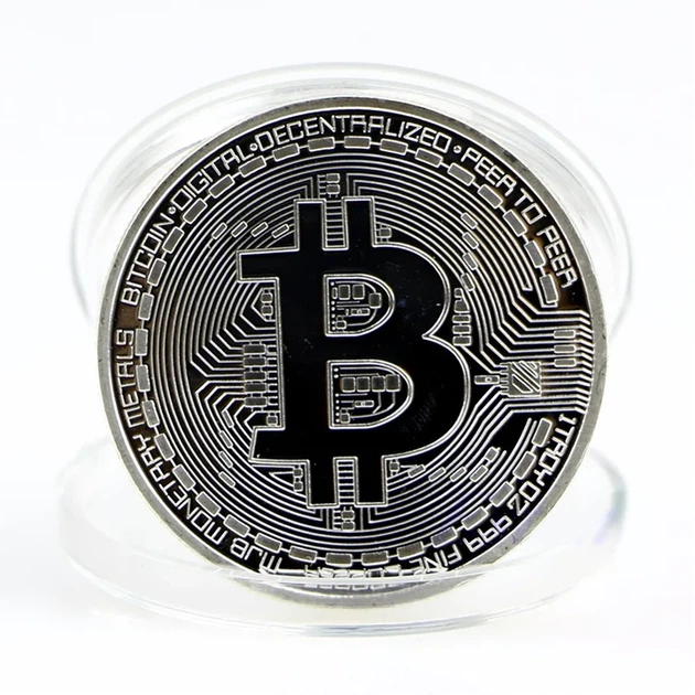 Сувенирная серебристая монета Биткоин (Bitcoin, BTC) на подарок в капсуле - изображение 2