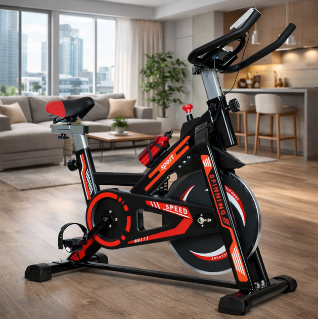 Велотренажер механический vidaXL домашний, маховик 15 кг, до 100 кг, с дисплеем и пульсом, черно-красный - изображение 2