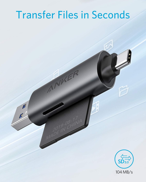 Кардрідер Anker USB-C та USB 3.0 SD, PowerExpand+ 2-в-1 з двома роз'ємами для карт пам'яті - зображення 4