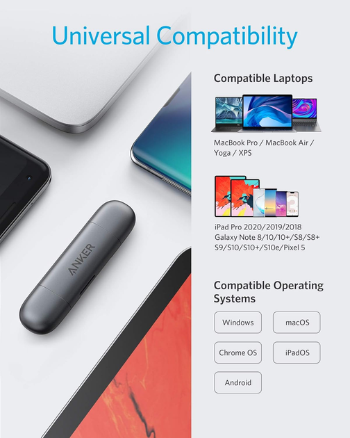 Кардрідер Anker USB-C та USB 3.0 SD, PowerExpand+ 2-в-1 з двома роз'ємами для карт пам'яті - зображення 6