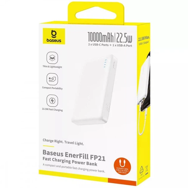 Павербанк Baseus 10000 mAh 22.5W EnerFill FP21 Зовнішній акумулятор PowerBank з швидкою зарядкою (P1008210D213-00) White - зображення 7