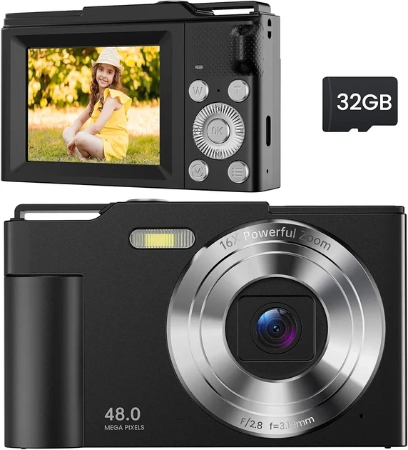 Цифрова камера 48MP для дітей, 32GB, антиструс, 16X зум, таймер, серійна зйомка, компактна для фото/влогу - Фото 1 Цифрова камера 48MP для дітей, 32GB, антиструс, 16X зум, таймер, серійна зйомка, компактна для фото/влогу - изображение 1