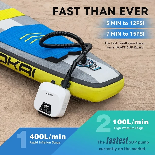 Повітряний насос CYCPLUS 20PSI для SUP, акумуляторний, 2-ступеневий, автостоп, для дошки, намету, матраца - изображение 4