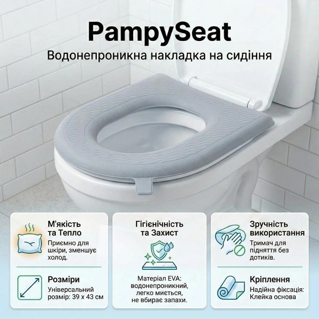 Водонепроникна накладка на сидіння унітазу PampySeat, сіра - Фото 1 Водонепроникна накладка на сидіння унітазу PampySeat, сіра - зображення 1