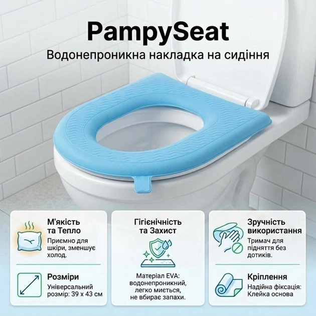 Водонепроникна накладка на сидіння унітазу PampySeat, блакитна - Фото 1 Водонепроникна накладка на сидіння унітазу PampySeat, блакитна - зображення 1