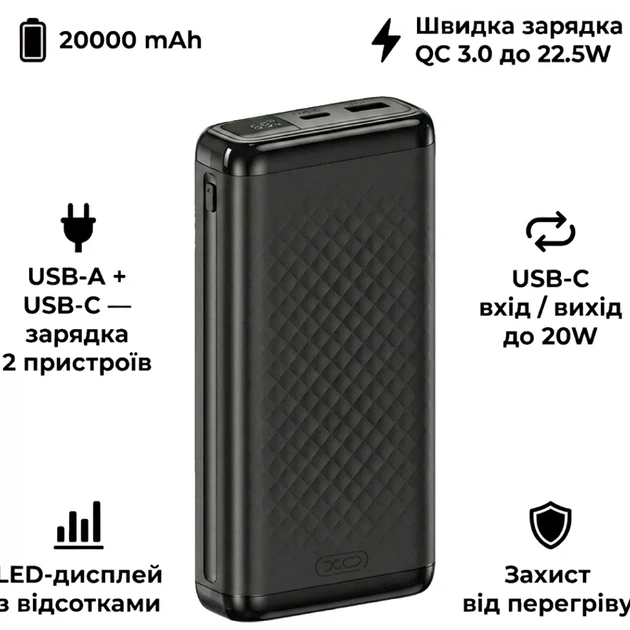 Повербанк XO PB309 20000mAh зі швидкою зарядкою 22.5W для смартфонів та пристроїв з USB Type-C - Фото 6 Повербанк XO PB309 20000mAh зі швидкою зарядкою 22.5W для смартфонів та пристроїв з USB Type-C - зображення 6