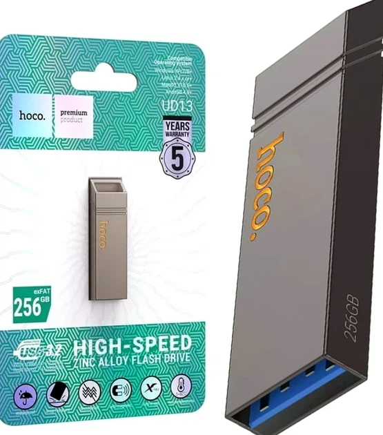 Флеш-накопичувач USB 3.2 256GB металевий вологозахищений міцний удар Hoco UD13 Clever сірий - Фото 8 Флеш-накопичувач USB 3.2 256GB металевий вологозахищений міцний удар Hoco UD13 Clever сірий - зображення 8