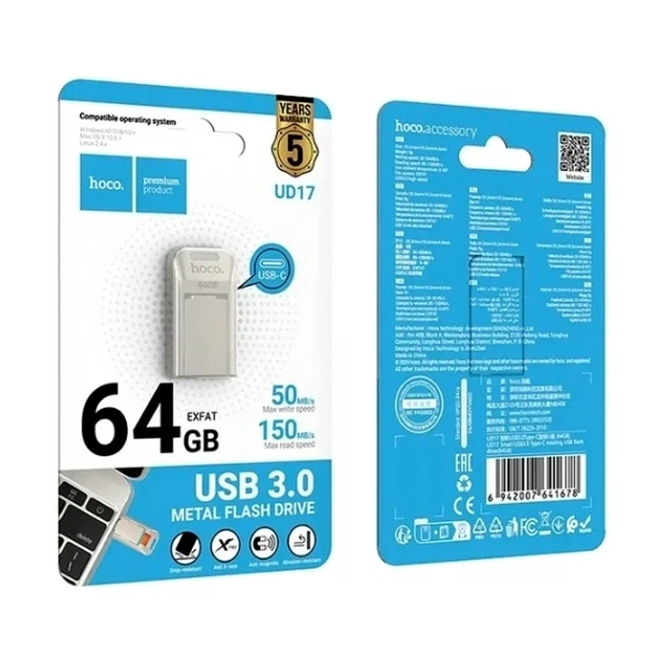 Флеш-накопитель USB 3.0 Type-C 64GB металл Hoco UD17 для хранения данных - Фото 2 Флеш-накопитель USB 3.0 Type-C 64GB металл Hoco UD17 для хранения данных - изображение 2