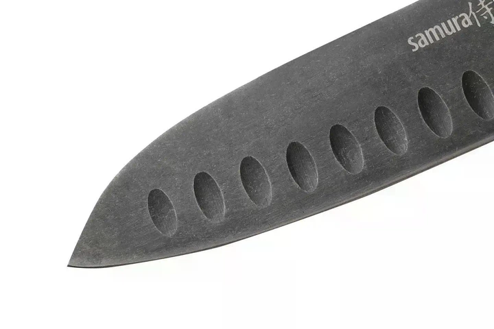 Ніж кухонний Сантоку з жолобчастою лінією леза 138 мм Samura Mo-V Stonewash (SM-0093B) - Фото 3 Ніж кухонний Сантоку з жолобчастою лінією леза 138 мм Samura Mo-V Stonewash (SM-0093B) - зображення 3