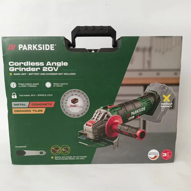 Акумуляторна кутова шліфувальна машина PARKSIDE PWSA 20-Li D4 з акумулятором 4 Аг та зарядним пристроєм - Фото 5 Акумуляторна кутова шліфувальна машина PARKSIDE PWSA 20-Li D4 з акумулятором 4 Аг та зарядним пристроєм - изображение 5