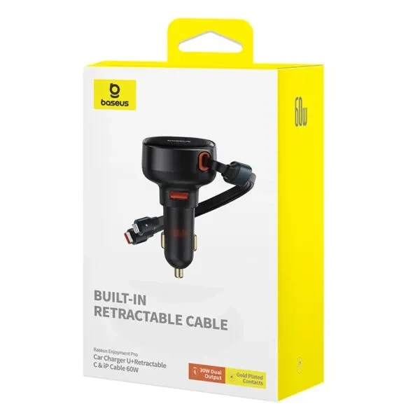 Автомобільний зарядний пристрій Baseus Enjoyment Pro Car Charger USB + Retractable C & iP Cable 60 W C00057802111-02 Black - зображення 6