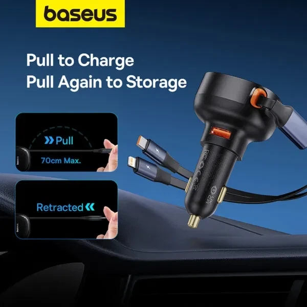 Автомобільний зарядний пристрій Baseus Enjoyment Pro Car Charger USB + Retractable C & iP Cable 60 W C00057802111-02 Black - зображення 10