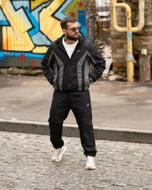Спортивний костюм RETRO Nike чорний з сірим чоловічий плащівка crash сітка вільний крій XXXL - зображення 3