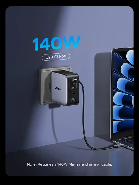 Зарядний пристрій UGREEN 200W GaN Nexode, 4 порти, 2×GaN, PD 3.1, QC4.0, QC3.0, швидке заряджання для ноутбука - зображення 3