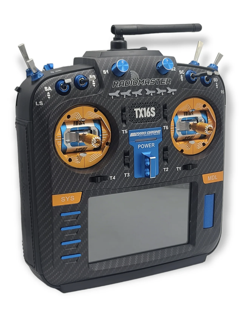 Пульт управления дроном RadioMaster TX16S MKII MAX AG01 Pyrodrone Blue/Orange CNC parts, Black Leather Grips & 5000mAh 2S Li-Ion - изображение 2