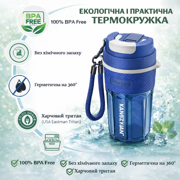 Кружка для кофе и чая с собой 550 мл KANGZYUAN, стакан для воды из тритана с крышкой, синяя - изображение 3