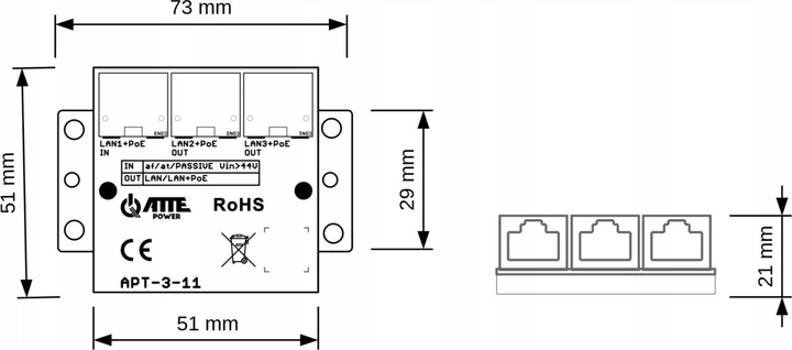 Switch ATTE 3-Port 802.3at 10/100 Mbps (APT-3-11) - obraz 5